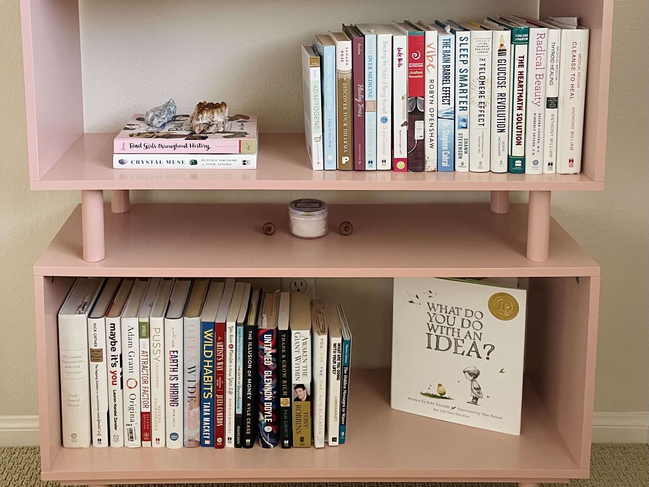 Organized books on a pink bookshelf.